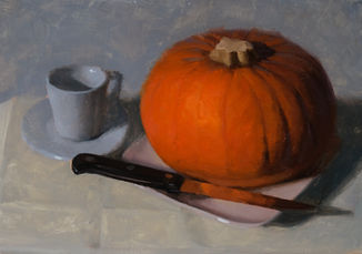 an oil painting made alla prima of a bright pumpkin a cup of coffee and a kitchen knife with a strong reflaction of the orange of the pumpkin