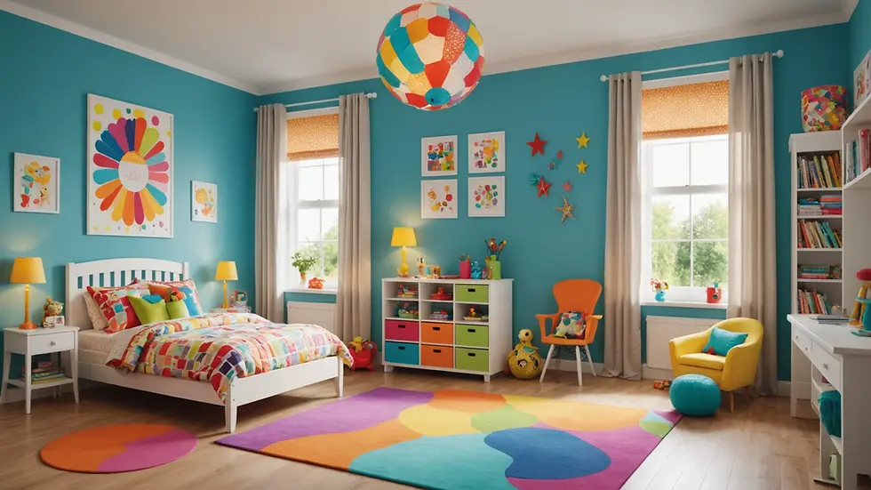 Close-up view of a colorful children's room decorated with uplifting art