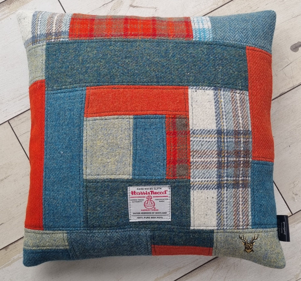 18" Greens/oranges, patchwork, Harris Tweed