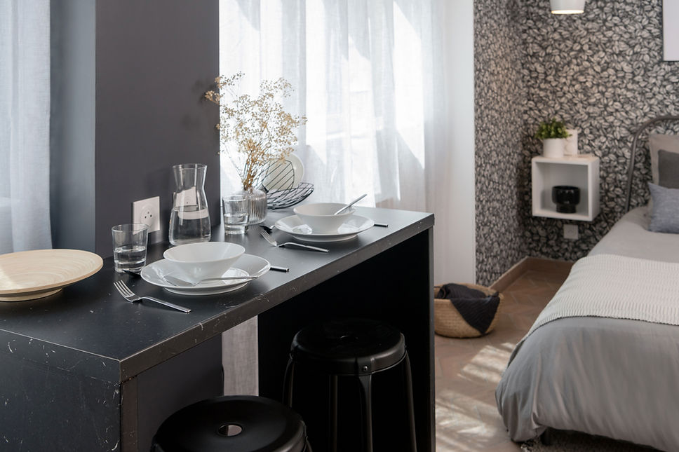 Ondine Rebillard Architecte d'intérieur et décoratrice à Lyon- En réorganisant les espaces, nous avons pu optimiser les mètres carrés de ce studio avec une vraie salle d'eau, une cuisine tout équipée très fonctionnelle, ainsi qu'un coin dressing. Petit plus : avec un écran, un vidéoprojecteur et une barre de son, cet appartement alliant technologie et décoration tendance devrait ravir les cinéphiles ! Les jeux de matières, de noir et blanc, apportent désormais caractère et élégance à ces 19 M2.
