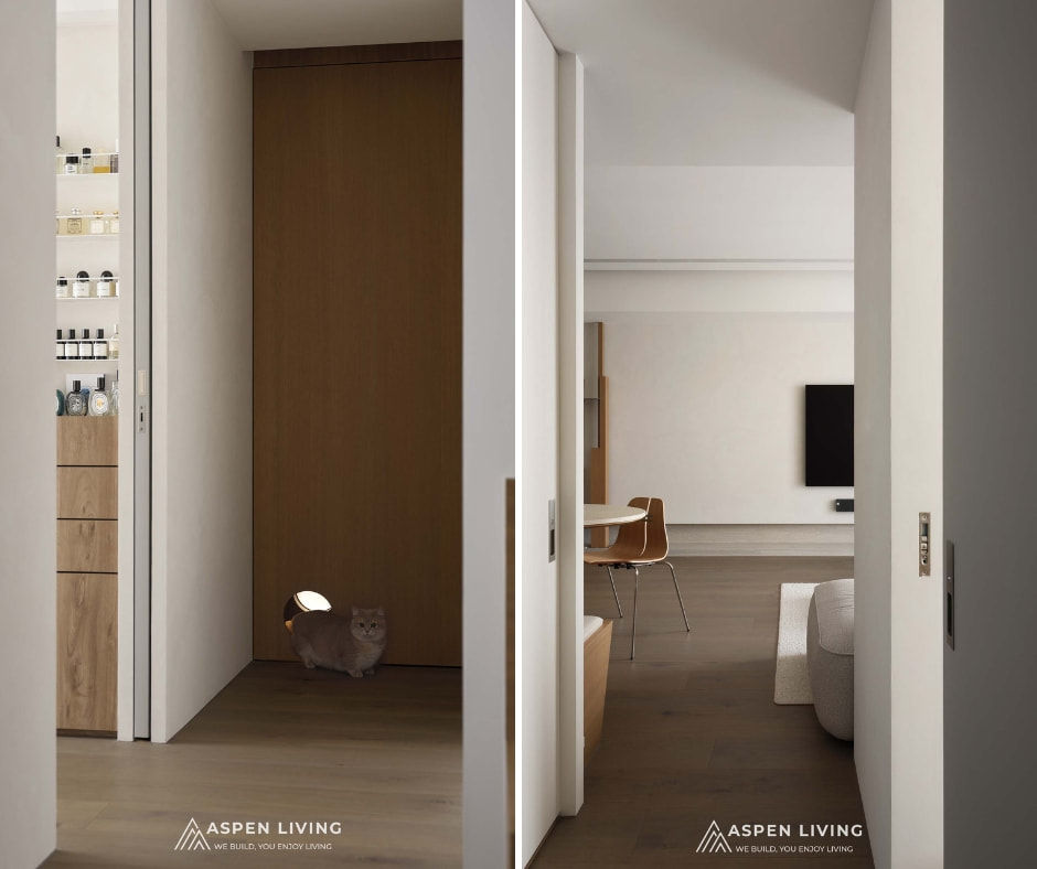 Thiết kế nội thất căn hộ chung cư 70m2 theo phong cách Soft Minimalism & Wabi-sabi  cửa ra vào có lối đi cho thú cưng