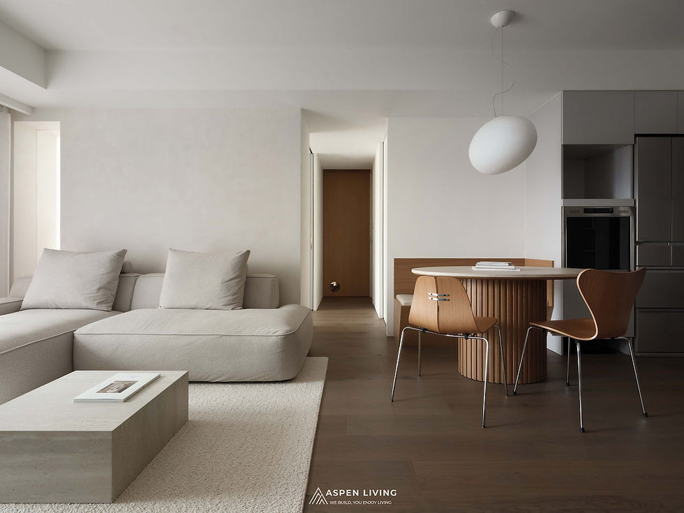 Thiết kế nội thất căn hộ chung cư 70m2 theo phong cách Soft Minimalism & Wabi-sabi  - Sofa ke + bàn ăn gỗ ấm áp