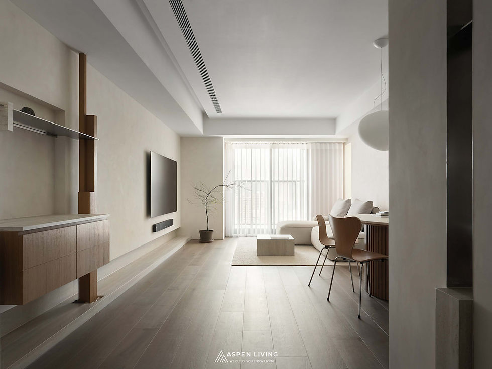 Thiết kế nội thất căn hộ chung cư 70m2 theo phong cách Soft Minimalism & Wabi-sabi  không gian phòng khách nhìn từ cửa vào