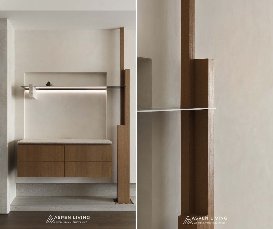 Thiết kế nội thất căn hộ chung cư 70m2 theo phong cách Soft Minimalism & Wabi-sabi  kệ để đồ và các chi tiết tăng tính thẩm mỹ
