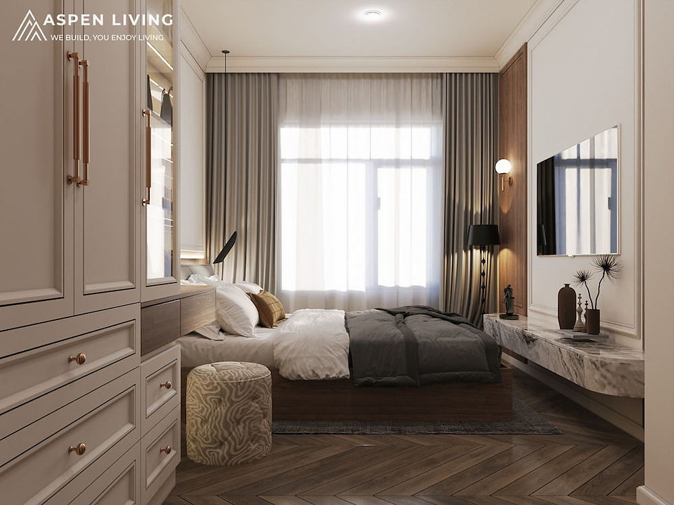 Thi Công Nội Thất Căn Hộ Le Grand Jardin  phong cách Modern Classic - phòng ngủ kết hợp cả tivi + nơi lưu trữ