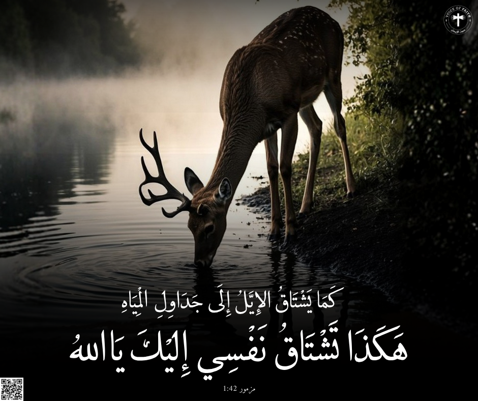 كَمَا يَشْتَاقُ الإِيَّلُ إِلَى جَدَاوِلِ الْمِيَاهِ، هكَذَا تَشْتَاقُ نَفْسِي إِلَيْكَ يَا اللهُ. سفر المزامير ٤٢: ١