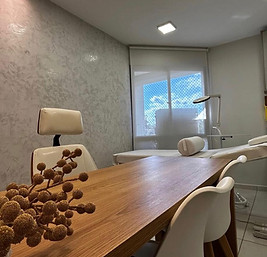 consultório com mesa de madeira, cadeira branca remetendo ao ambiente sofisticado e premium God'ins