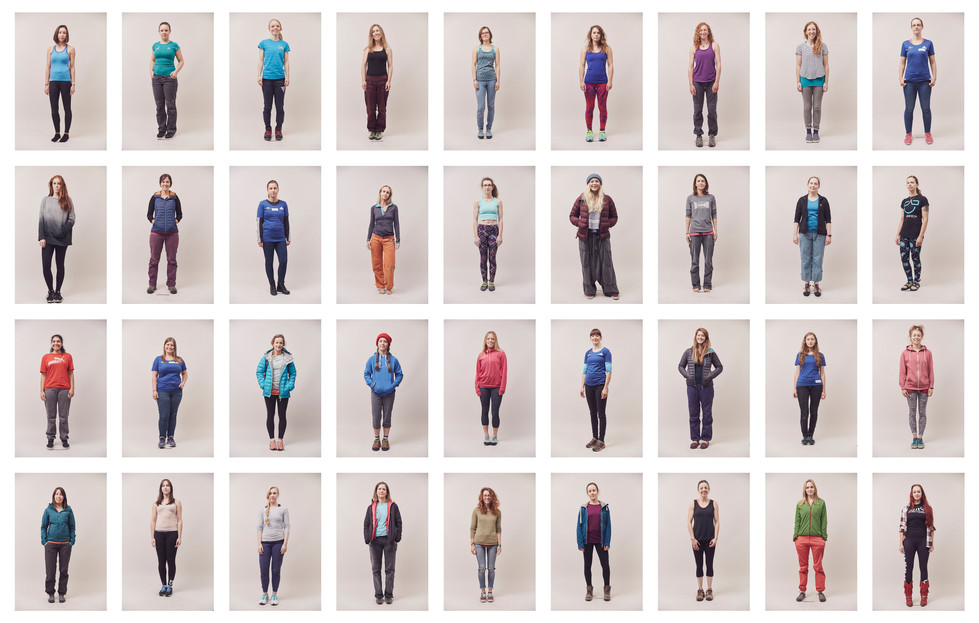 Women climbers standing for individual portraits; diverse bodies, old and young, taken at the Women's Climbing Symposium.