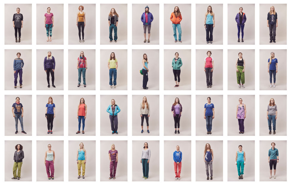 Women climbers standing for individual portraits; diverse bodies, old and young, taken at the Women's Climbing Symposium.