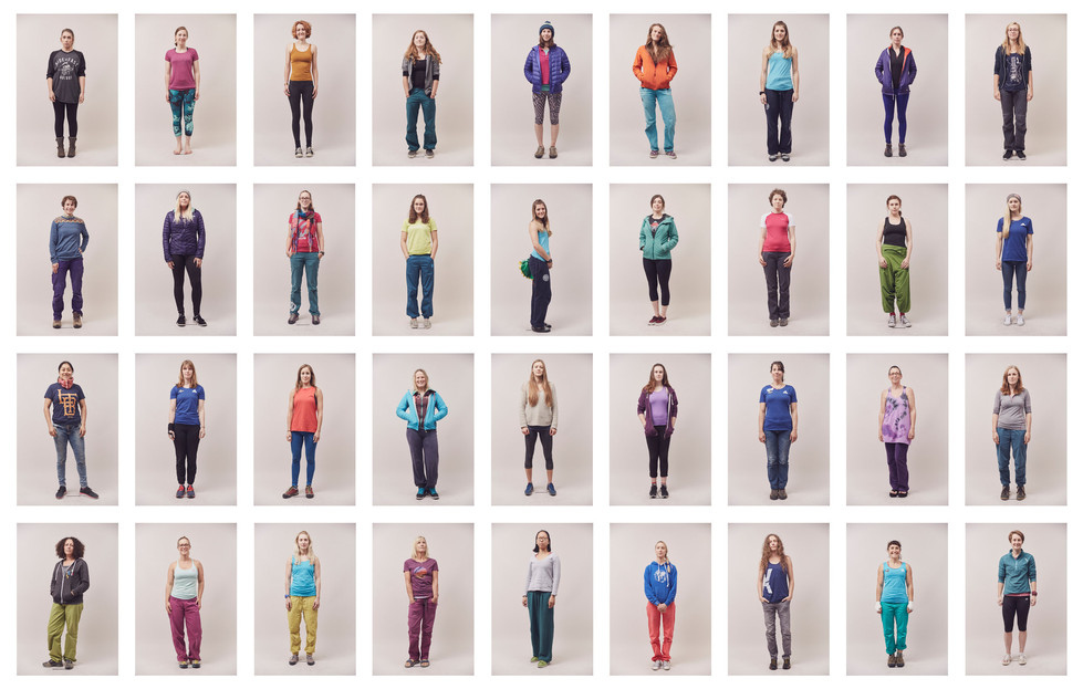 Women climbers standing for individual portraits; diverse bodies, old and young, taken at the Women's Climbing Symposium.