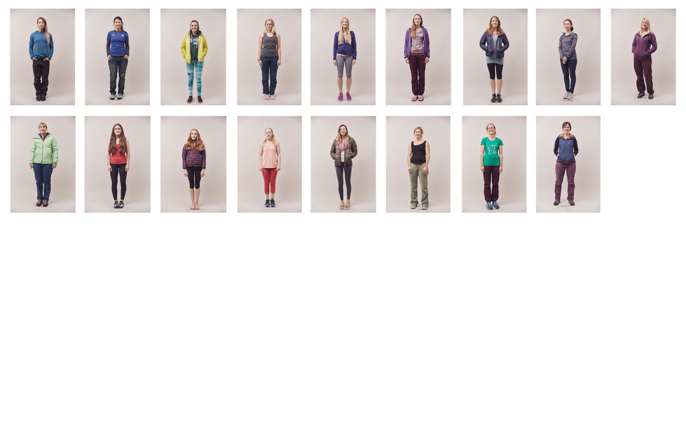 Women climbers standing for individual portraits; diverse bodies, old and young, taken at the Women's Climbing Symposium.