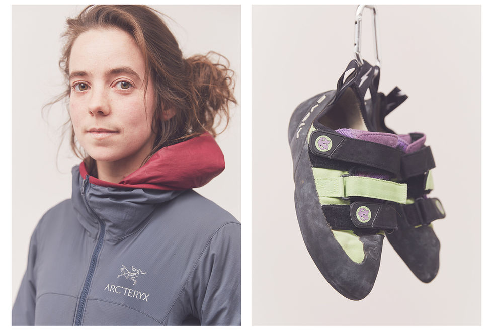 Portrait of acro-yoga coach Emily Nicholls wearing an Arc'teryx jacket and Emily's Evolv climbing shoes, taken at the Women's Climbing Symposium.