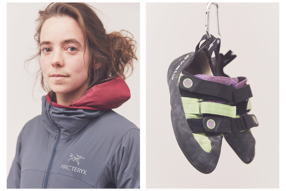 Portrait of acro-yoga coach Emily Nicholls wearing an Arc'teryx jacket and Emily's Evolv climbing shoes, taken at the Women's Climbing Symposium.