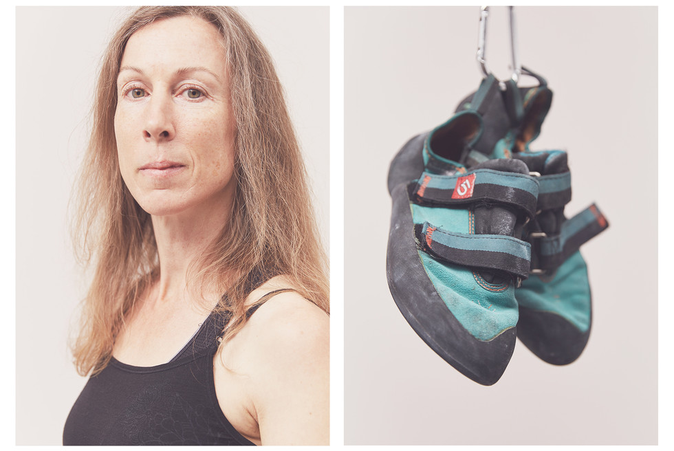 Portrait of an older woman climber and their Five Ten climbing shoes, taken at the Women's Climbing Symposium.