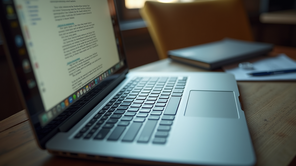 Eye-level view of a laptop screen displaying a manuscript with editing marks