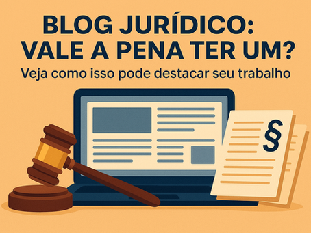 Ilustração digital em estilo flat design com laptop, martelo de juiz e documentos jurídicos, representando a importância de ter um blog jurídico para advogados destacarem seu trabalho e atrair clientes.