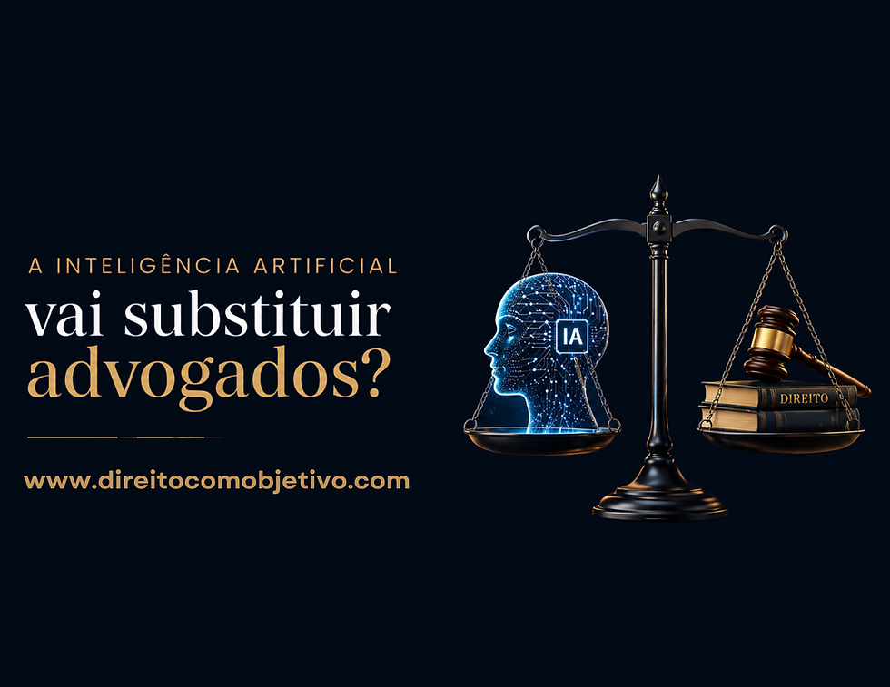 Imagem ilustrativa sobre inteligência artificial no Direito, mostrando uma balança da justiça com um cérebro digital representando a IA de um lado e livros jurídicos com martelo de juiz do outro, simbolizando o debate sobre a substituição de advogados pela tecnologia.