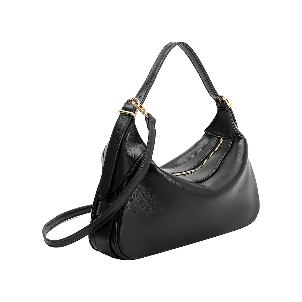 The Nicolette vegan leather shoulder bag has a slouchy, soft design.  Featuring a crossbody strap.  Color black, side view.