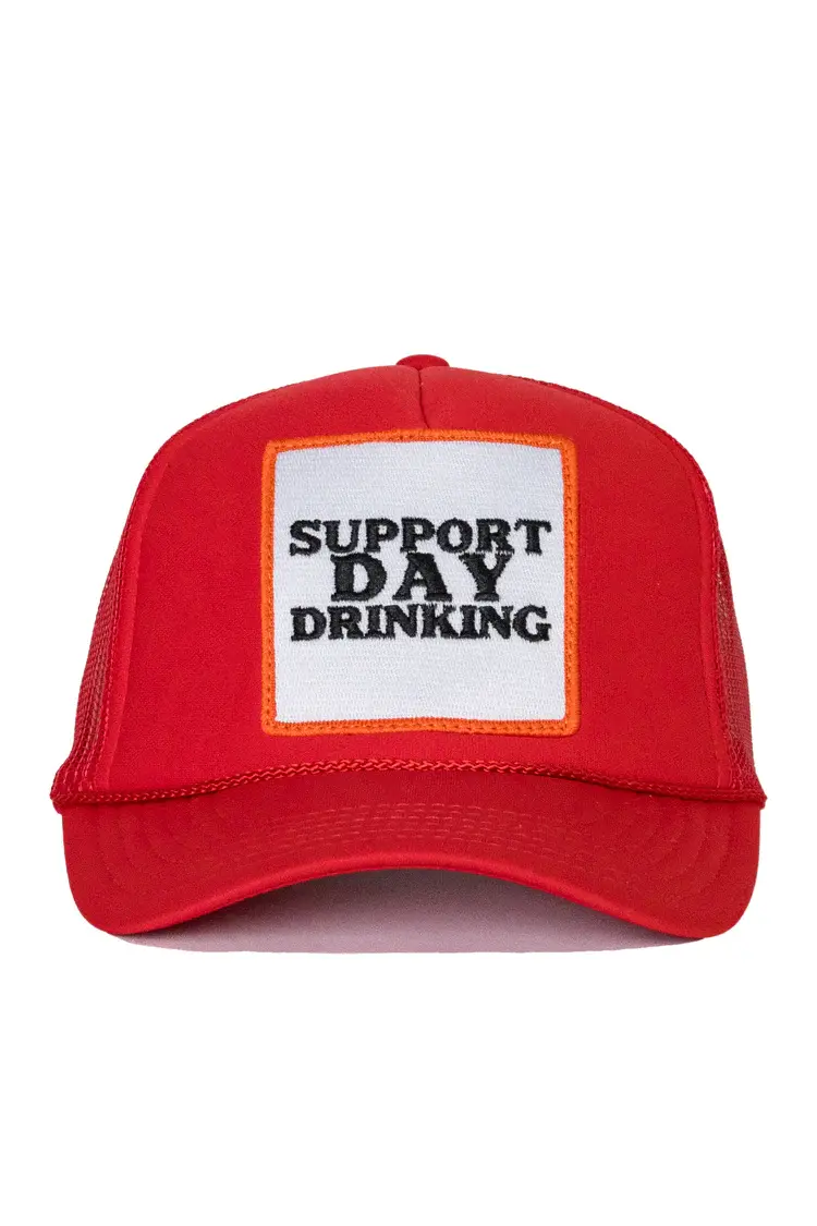 Friday Feelin' Support Day Drinking high crown red trucker hat with adjustable snap back.
