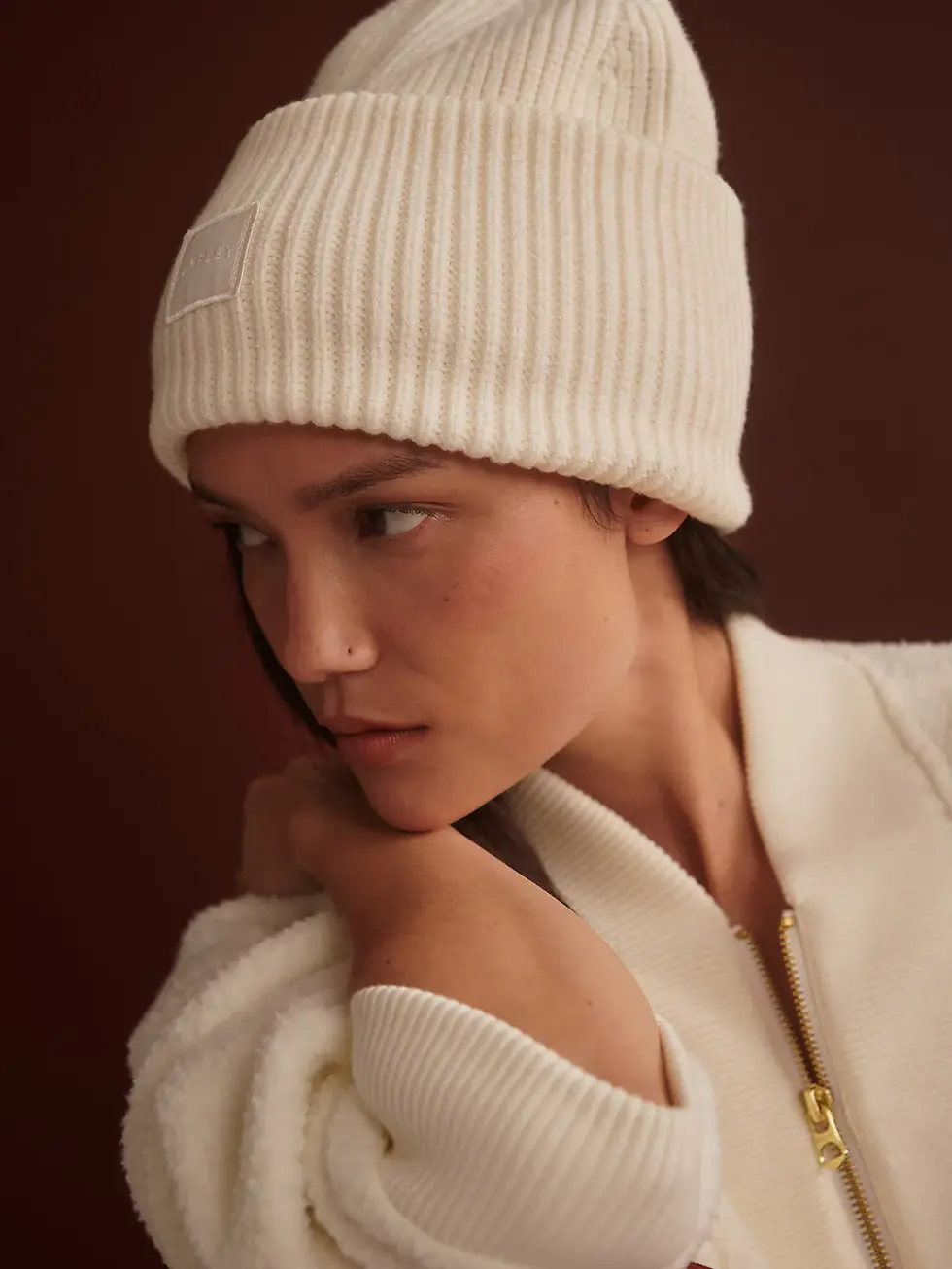 Thumbnail: Varley Carly Beanie in egret.  Pictured on model.