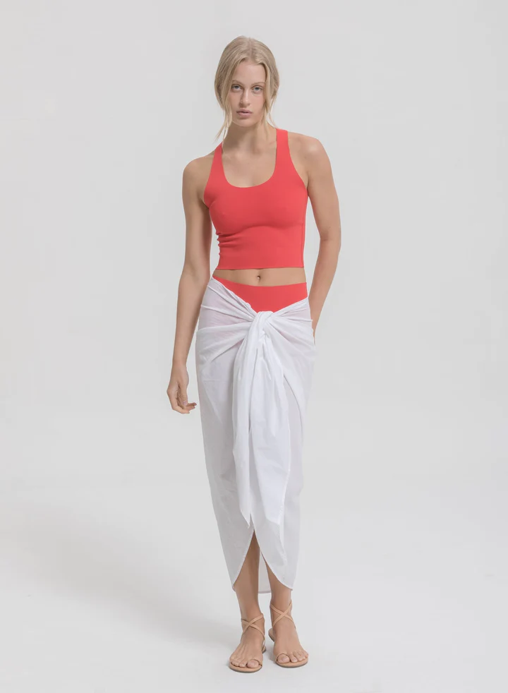 Trinity Wrap Skirt in white 100% cotton, one size fits all.