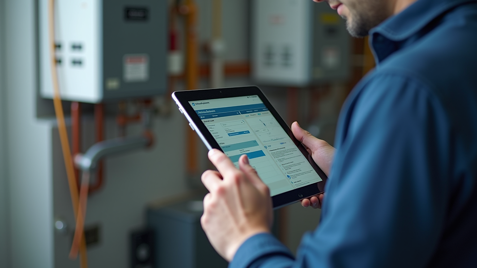 Close-up view of HVAC technician using tablet for job scheduling