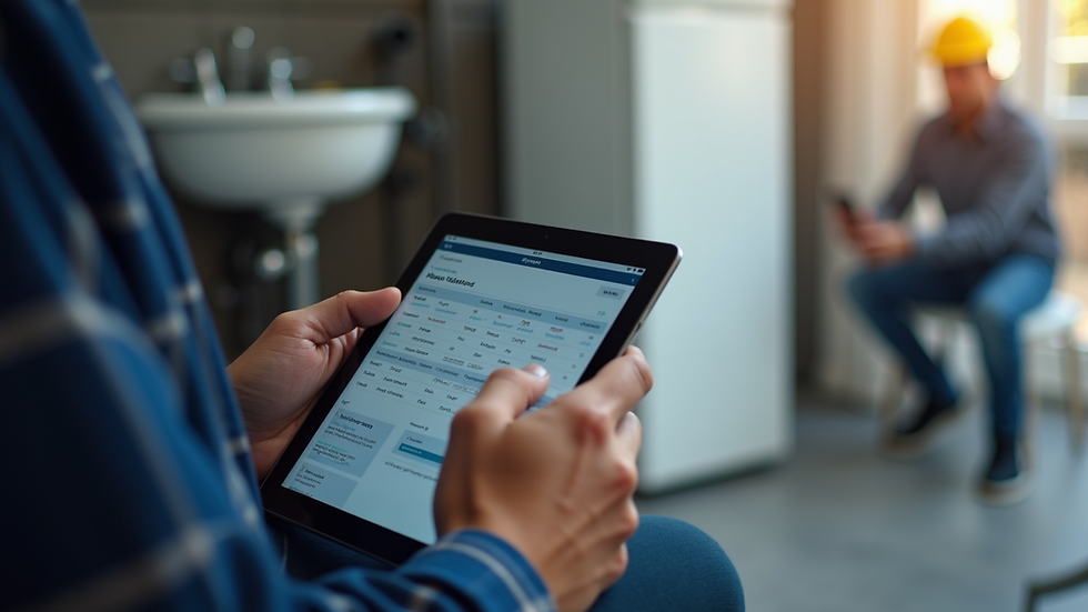 Eye-level view of a plumber using a tablet to manage customer appointments