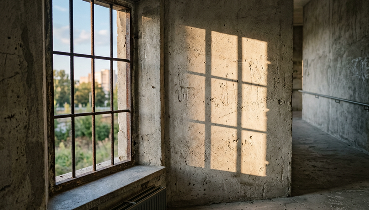 Eye-level view of a narrow window casting light onto a plain wall.