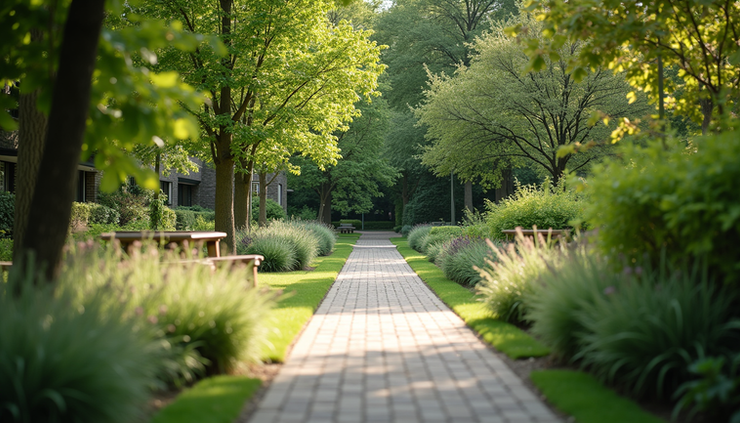 Eye-level view of a serene recovery center garden with walking paths and benches