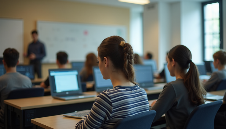 High angle view of a Long Island community center classroom with students attending a computer literacy workshop