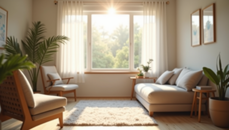 Close-up view of a calm therapy room with comfortable seating and natural light