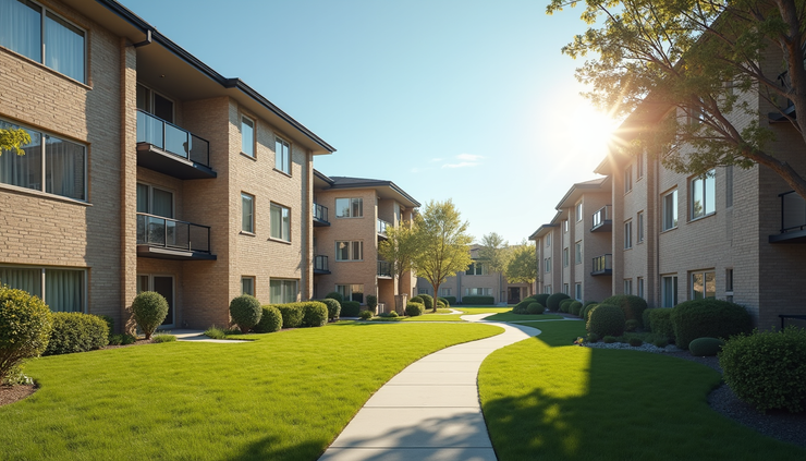 Wide angle view of a suburban apartment complex in Long Island