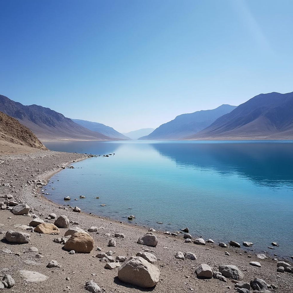 A serene landscape of the Dead Sea, showcasing its tranquil waters with surrounding mountains and a clear blue sky, reflecting a sense of peace and transformation, focusing on natural beauty.
