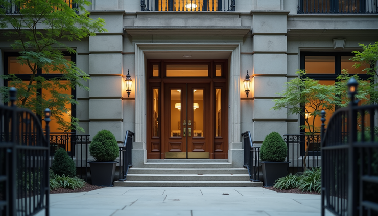 Eye-level view of a residential building entrance in New York City