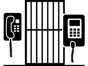 Clean, wordless graphic of a prison tablet displaying call icons next to a wall-mounted phone, linked by glowing lines, representing secure inmate communication tech.