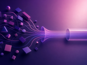 Abstract editorial illustration: scattered manual steps converging into an orderly, automated Zoho workflow of connected nodes