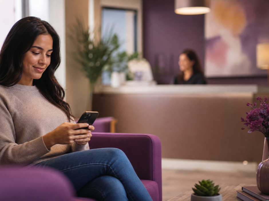 A patient comfortably completing a digital intake form on a smartphone in a calm therapy-practice waiting area
