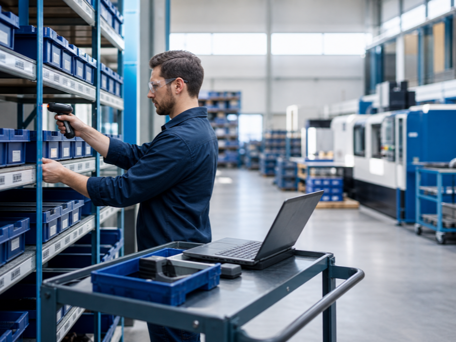 Worker scanning labeled parts bins in a modern manufacturing warehouse with an inventory dashboard on a laptop