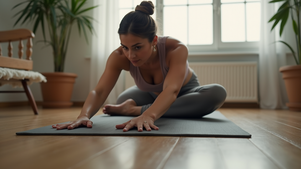 Eye-level view of a person stretching on a yoga mat