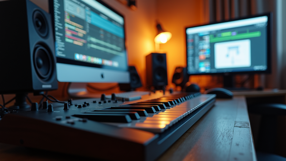Eye-level view of a home music studio setup with a MIDI keyboard and computer
