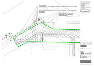 Detailed flat-roof and ridge junction showing construction specification and build-ups