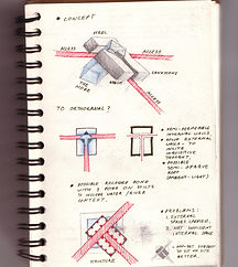 Architectural sketchbook showing construction and technical design studies