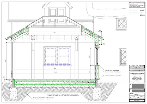 Technical building section showing oak-frame roof construction and detailing