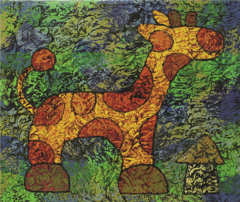 キリンさんが来た日　45㎝×38㎝　木に漆、絞漆　2013