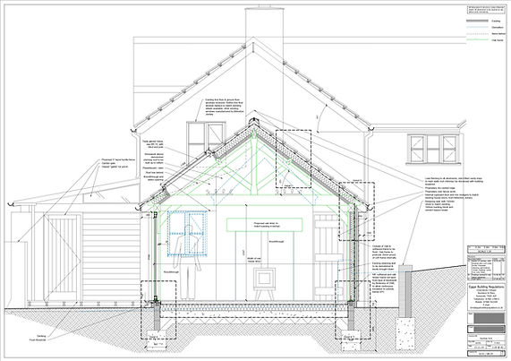 Detailed building section coordinating oak-frame structure with surrounding construction