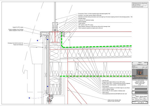 Detailed parapet construction junction showing materials and build-ups