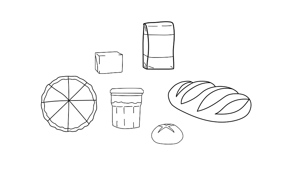 Sketch Illustrations of bread, rolls, flour bag, a jar and yeast packaging