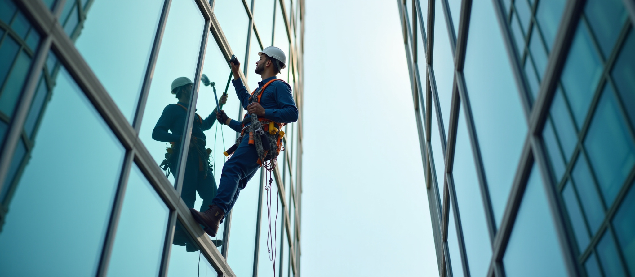 Man on a harness cleaning windows up high.