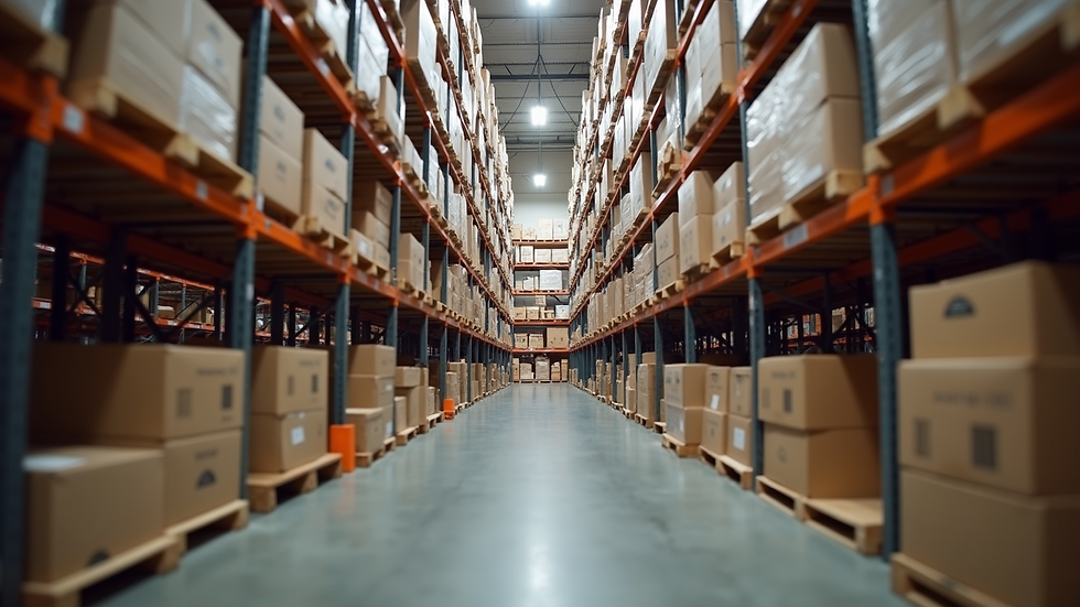 Eye-level view of warehouse shelves with organized inventory boxes