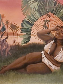 Noénoé, Lilith ou la Lune Noire, acrylique extra finesur toile, 100 x 120 cm, juin 2022.
Le couple d’Adam et Eve (modifié) fait référence à la gravure “Adam et Eve chassés du Paradis" de Pelée et Lalaisse au 19ème s.

Lilith est un mythe qui remonte à l'Antiquité et qui porte les valeurs d'un archétype bien spécifique en particulier pour nous les femmes : elle est le symbole du féminin rebelle. En astrologie, Lilith est la Lune Noire qui a un impact inconscient sur la société et notamment la gente féminine. Elle correspond à l’apogée de la Lune lorsqu’elle se trouve le plus éloignée de la Terre.

Selon la croyance, Dieu créa l’homme à son image, il en fit un être androgyne divin se suffisant à lui-même. Puis, Dieu sépara le masculin du féminin et, du même limon qu’Adam, il fit naître la première femme : Lilith. Mais celle-ci refuse de se soumettre à Adam, notamment dans la position sexuelle dite du "missionnaire". Lilith se veut l’égale de l’homme puisque tous deux sont issus de la même mère, la Terre. Lilith décide donc de quitter le jardin d’Éden. Dieu tente de la convaincre de reprendre sa place auprès d’Adam mais elle osera dire "Non". Enfin, Dieu crée la deuxième femme, Ève, une épouse féconde et soumise à l’homme pour remplacer Lilith. Mais Lilith veut retrouver le pouvoir de son unité divine, qui faisait d’elle un être sans notion de supérieur ou d’inférieur à l’homme, celui qui indifférencie le masculin du féminin et assure la fusion parfaite. Ainsi par stratagème, Lilith pousse Adam et Eve au sacrilège par le biais de la pomme, symbole du fruit défendu, qui en seront chassés du jardin d’Éden.
